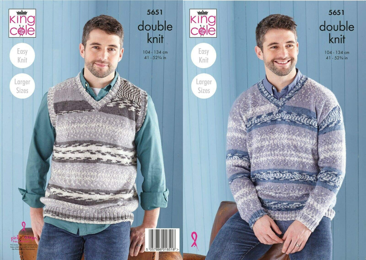 Knitting Pattern Mens V Neck Jumper and Slipover in Fjord DK 5651 King Cole