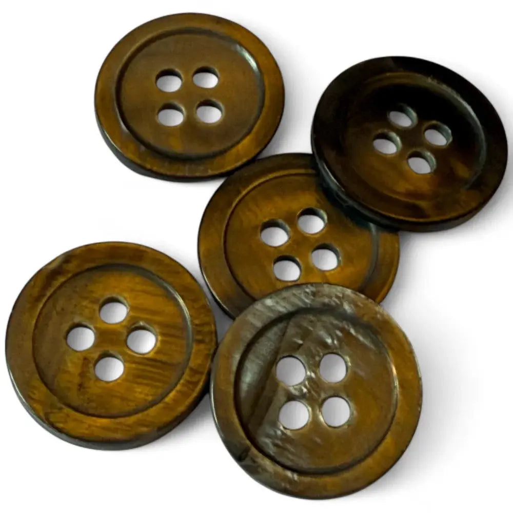 Five brown four-hole buttons.