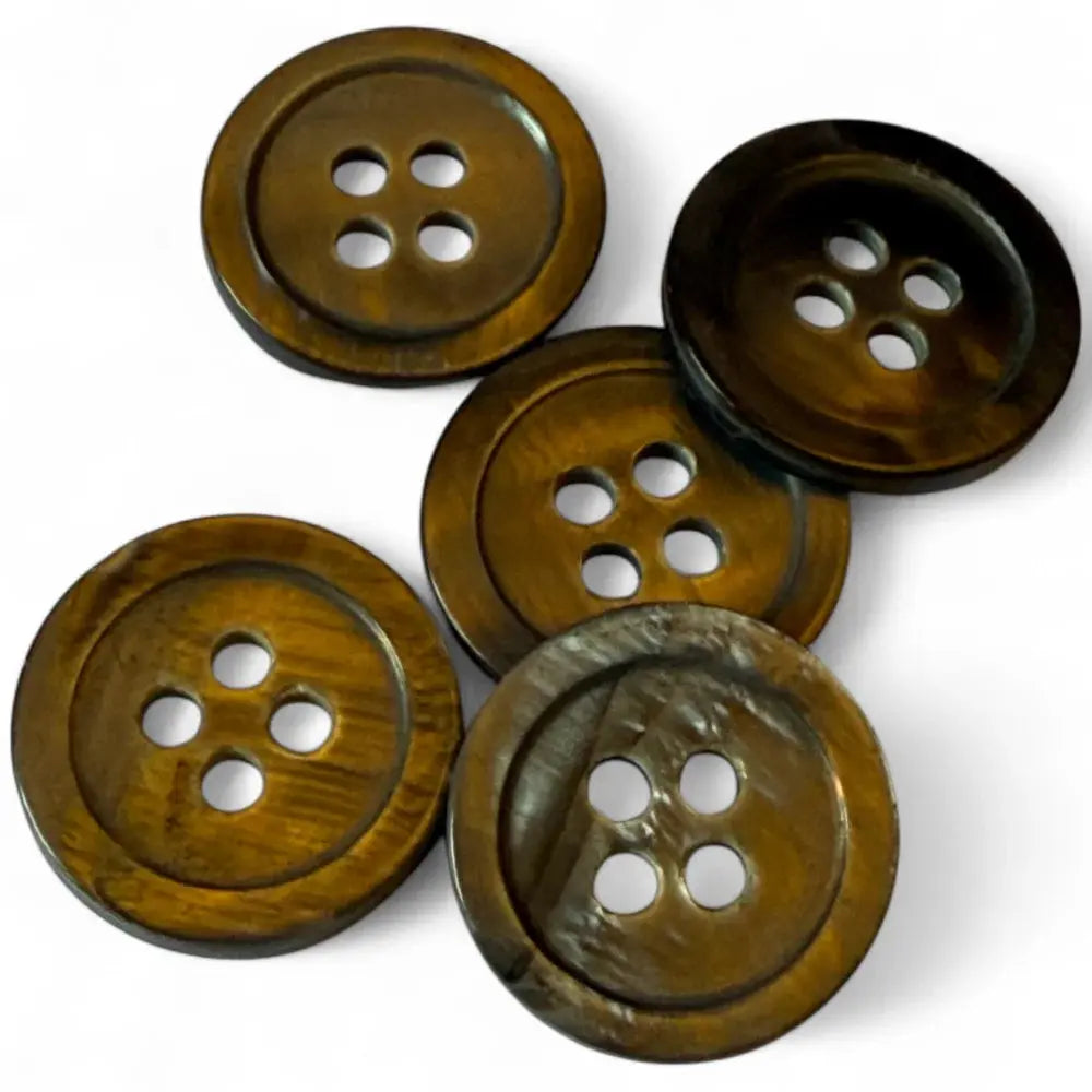 Five brown four-hole buttons.
