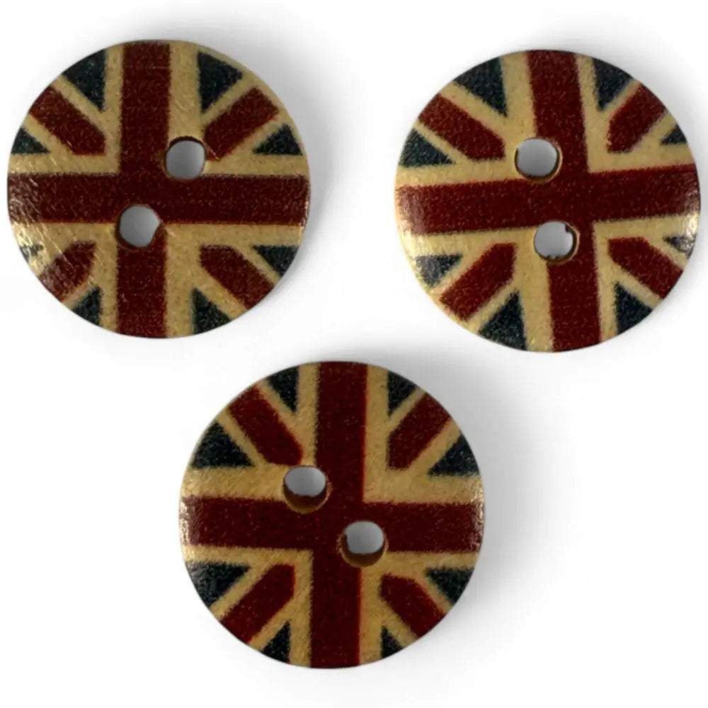 15mm Wooden Union Jack Buttons UK Flag Design 2 Holes Pack of 10