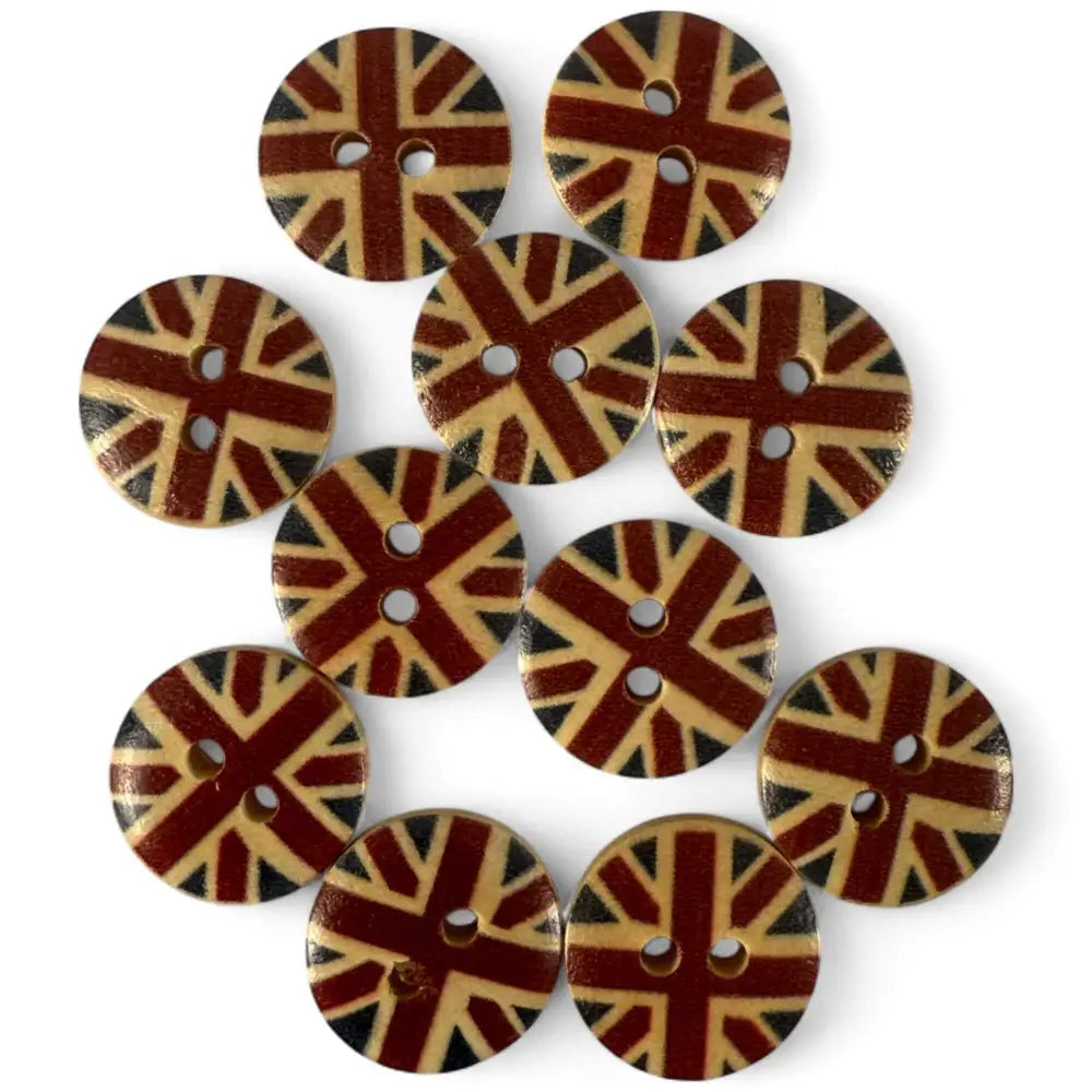 15mm Wooden Union Jack Buttons UK Flag Design 2 Holes Pack of 10