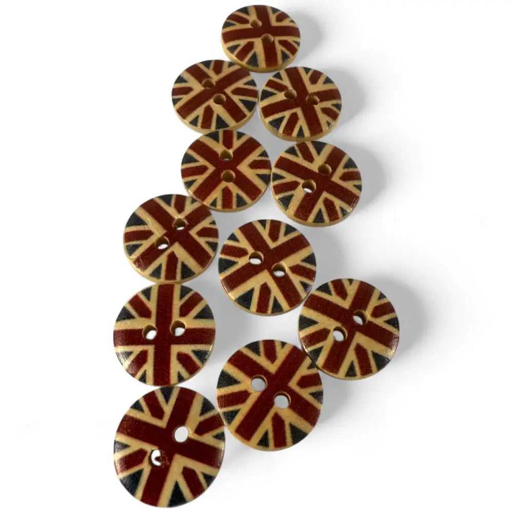15mm Wooden Union Jack Buttons UK Flag Design 2 Holes Pack of 10