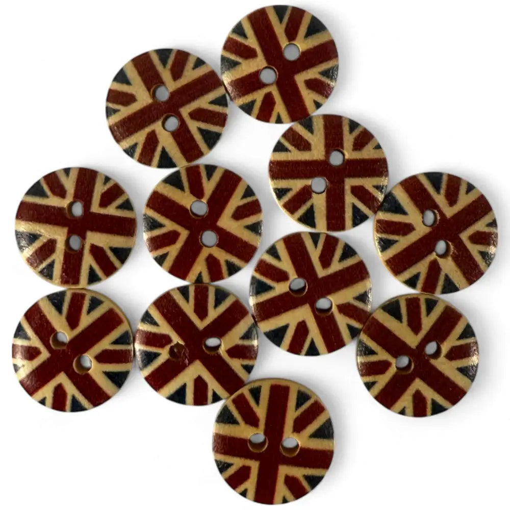 15mm Wooden Union Jack Buttons UK Flag Design 2 Holes Pack of 10