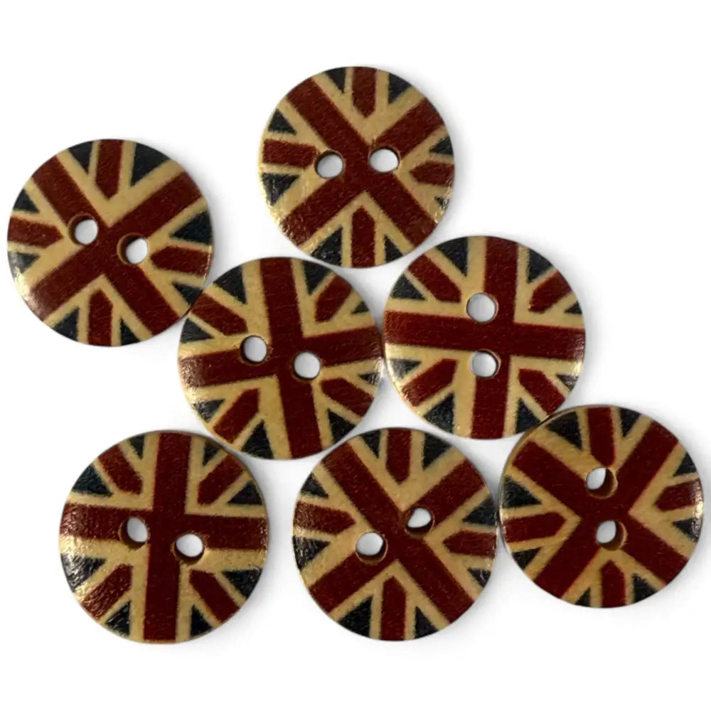 15mm Wooden Union Jack Buttons UK Flag Design 2 Holes Pack of 10