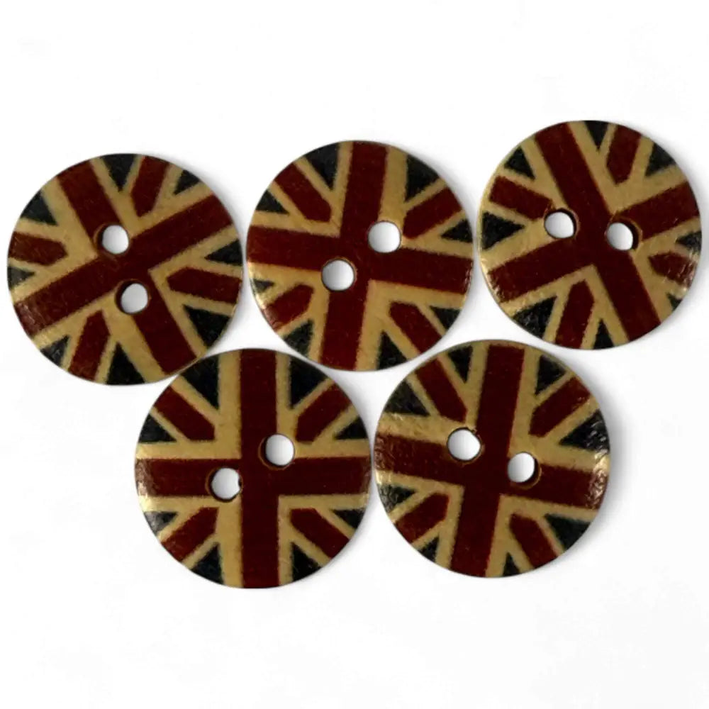 15mm Wooden Union Jack Buttons UK Flag Design 2 Holes Pack of 10