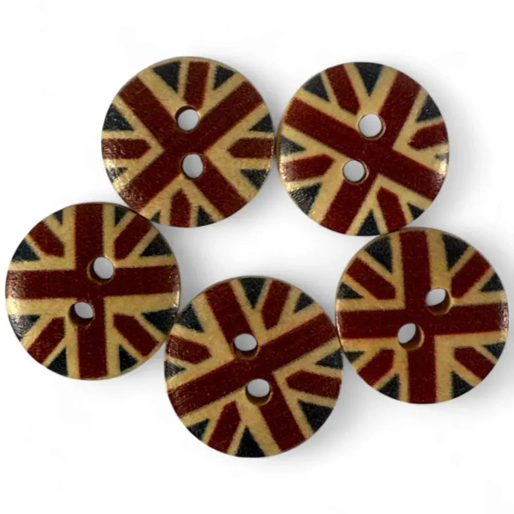 Five round buttons with Union Jack design.