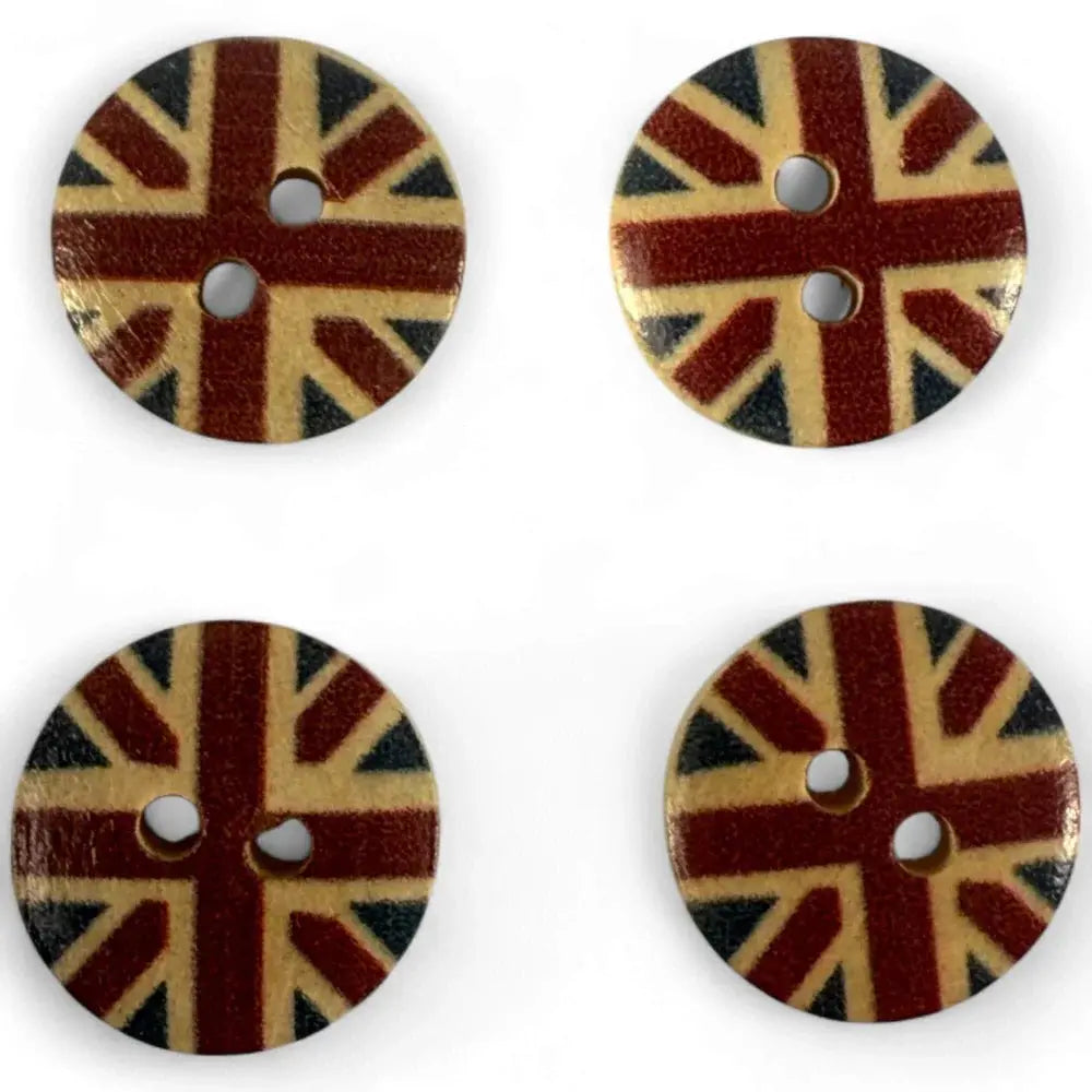 Four Union Jack patterned buttons.