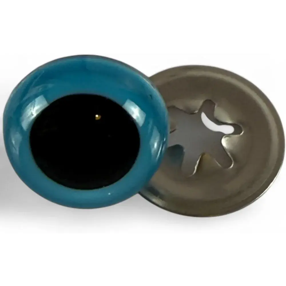 Blue toy eye with metal washer.