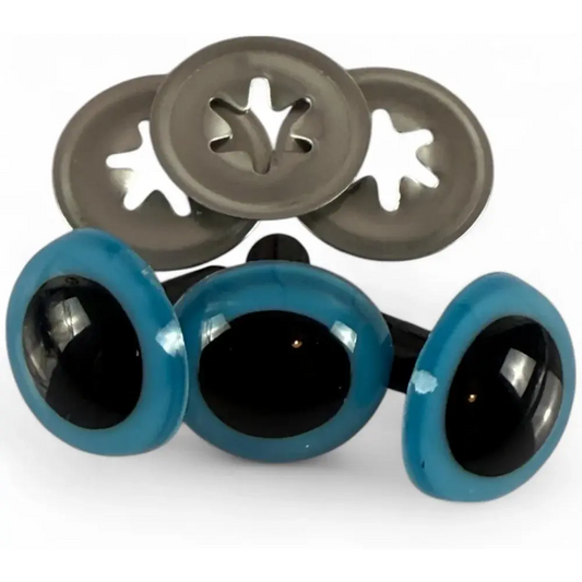 Blue craft eyes with metal washers.