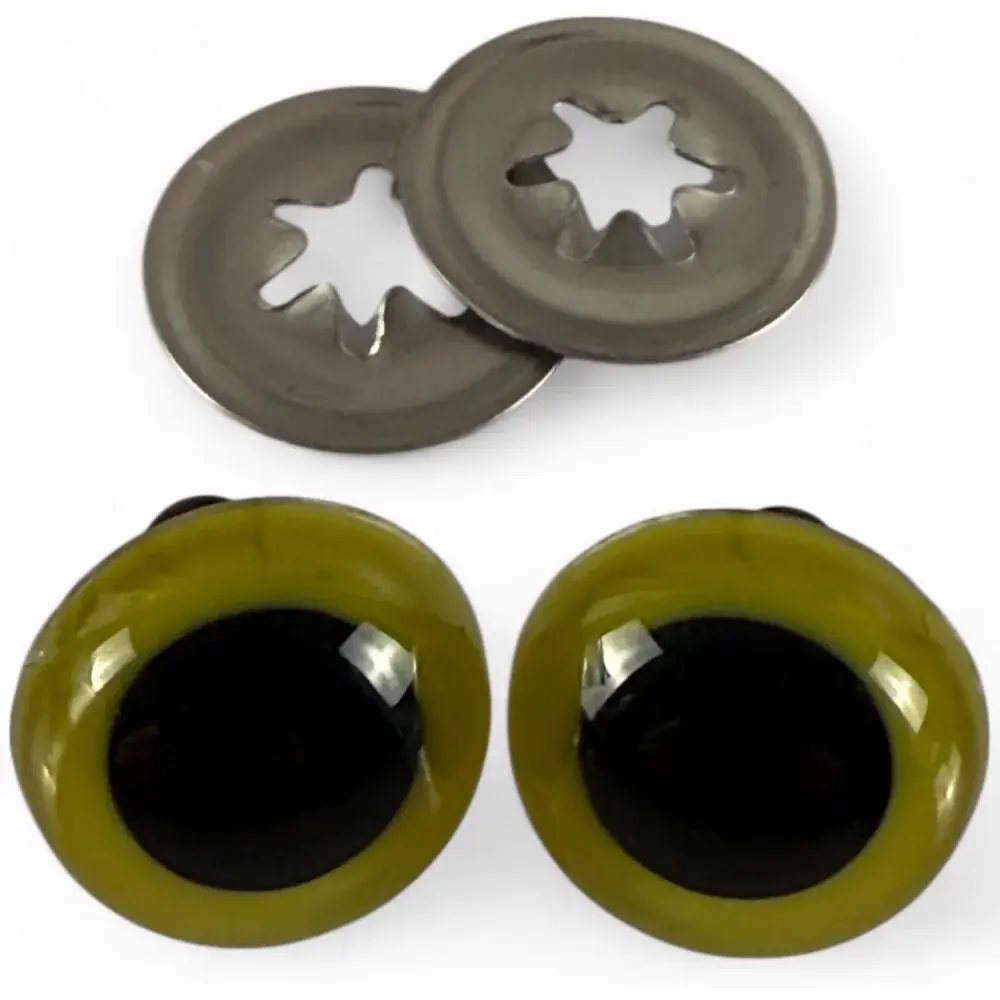 Olive green and black safety eyes with washers.