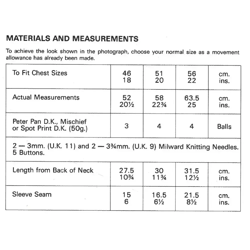 Knitting pattern measurements.
