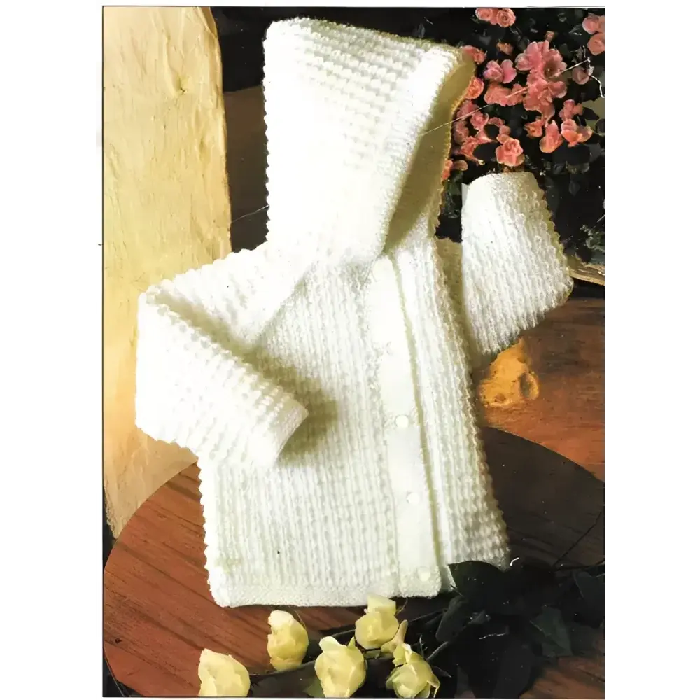 White knitted baby cardigan with hood.