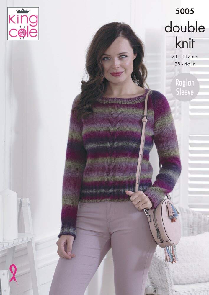 King Cole Ladies Double Knitting Pattern Womens Raglan Sleeve Cabled Sweater & Cardigan (5005)