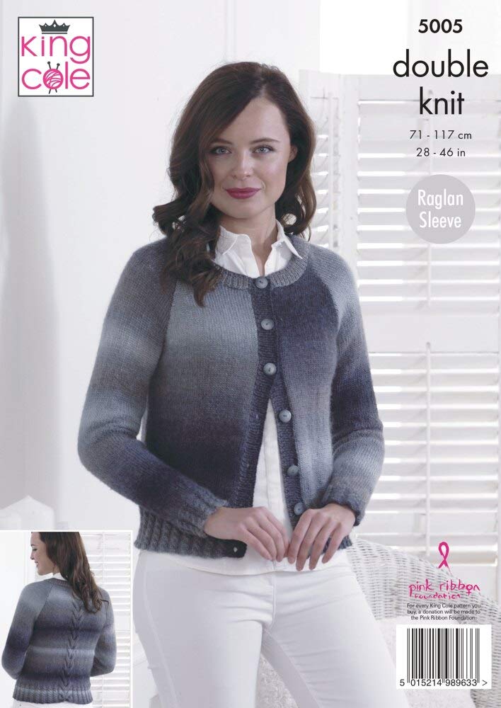 King Cole Ladies Double Knitting Pattern Womens Raglan Sleeve Cabled Sweater & Cardigan (5005)