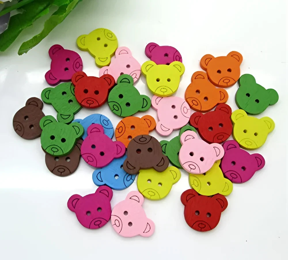 KnitForLess 18mm Teddy Bear Head Mixed Colours Wooden Buttons Pack of 10