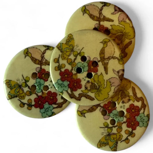 Floral and avian patterned buttons.