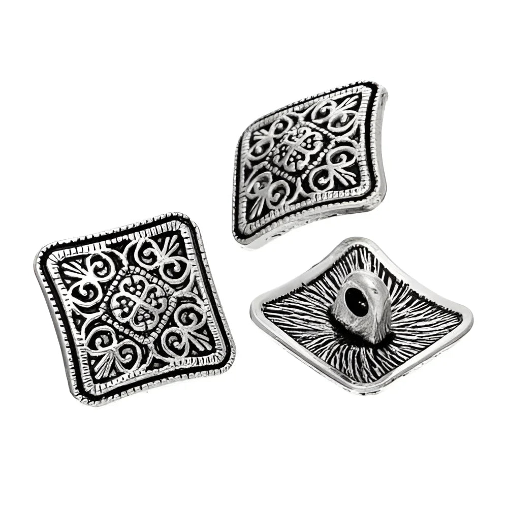 6 Pack of 13mm Shank Buttons Antique Square Silver Metal Carved Flower Pattern