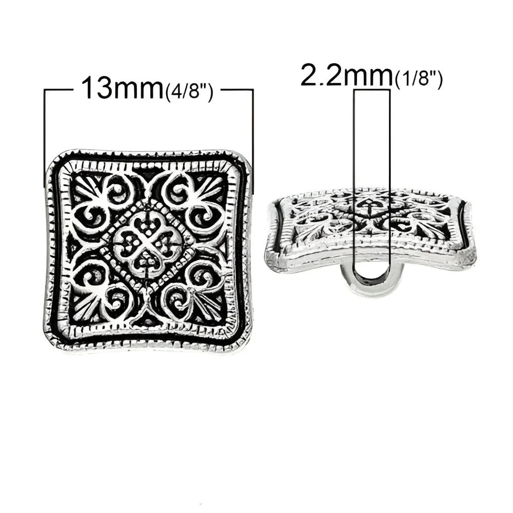 6 Pack of 13mm Shank Buttons Antique Square Silver Metal Carved Flower Pattern