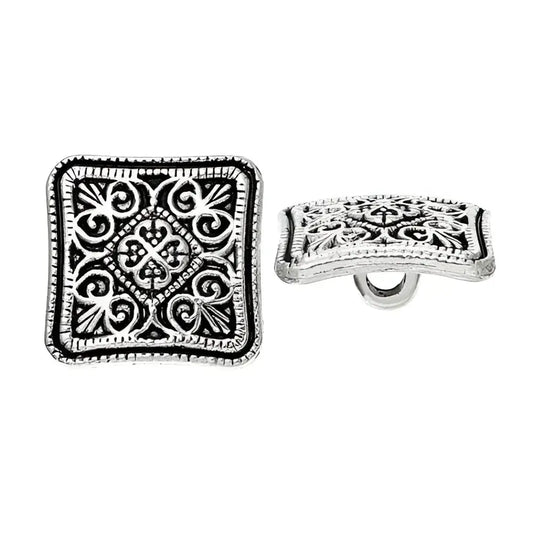 Square, ornate, silver button.