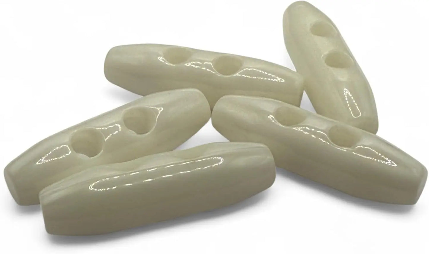 Plastic Toggle Buttons, 38mm, 2 Hole, White, Pack of 6