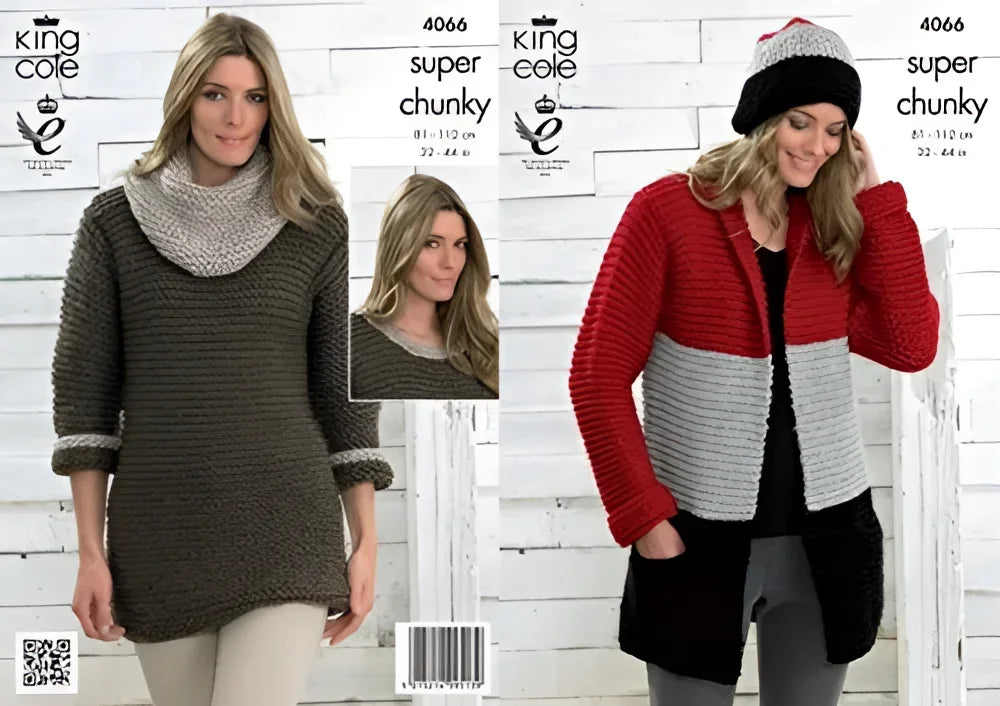 King Cole Ladies Jacket Dress & Cowl Collar Big Value Knitting Pattern 4066 Super Chunky