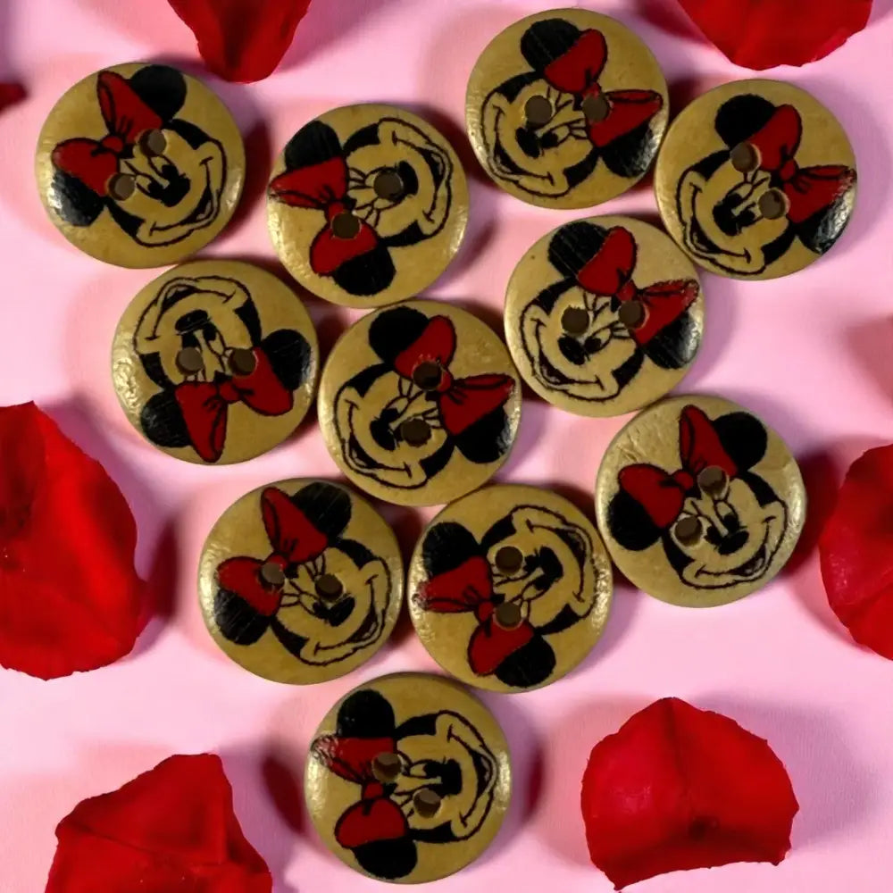Disney 15mm Minnie Mouse Wooden Sewing Buttons - 2 Hole Knitting Cardigan - Pack of 10 - Cute Craft Supplies for Kids &