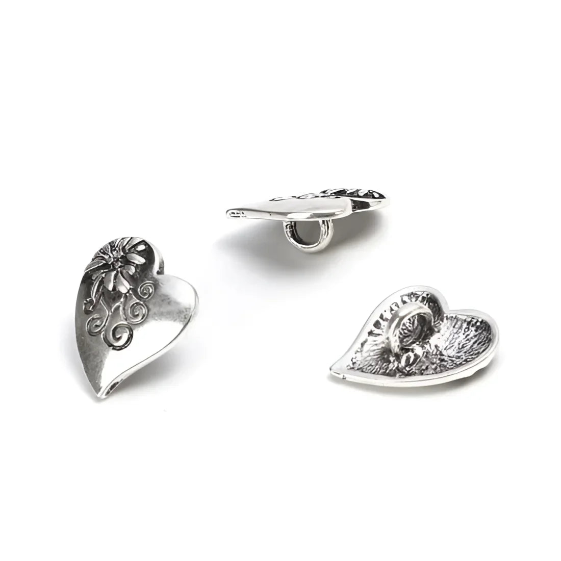 KnitForLess 10Pcs Shank Buttons Love Heart with Carved Flower Antique Silver Metal 20mm by 17mm