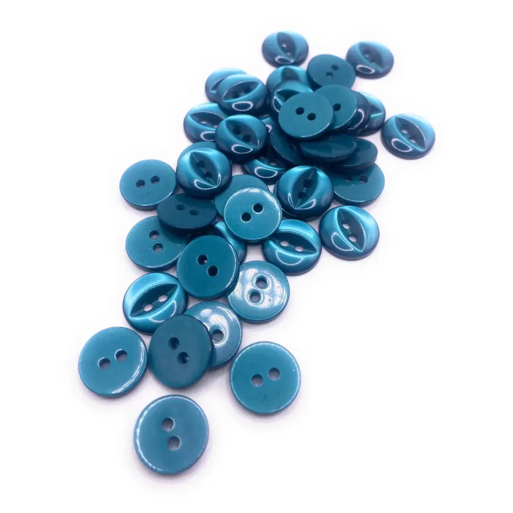 Teal two-hole buttons.