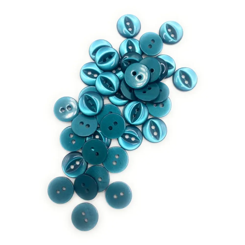 Teal two-hole buttons.