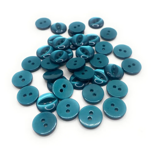 Teal two-hole buttons.