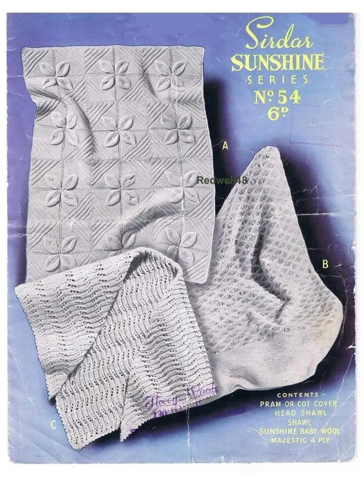 Vintage Sirdar Sunshine Cute Baby's Pram or Cot Cover Shawl and Head Shawl Very Easy Knitting Pattern 4 PDF Instant Download Digital DIY KnitForLess
