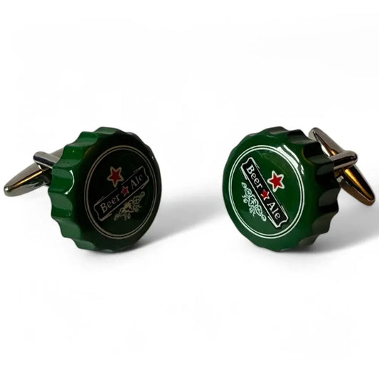 Green beer bottle cap cufflinks.