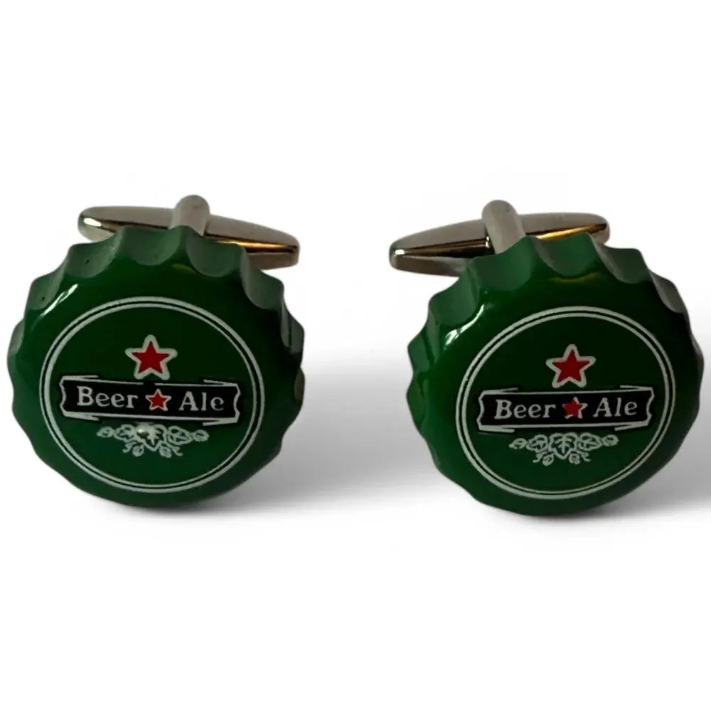 Green beer bottle cap cufflinks.