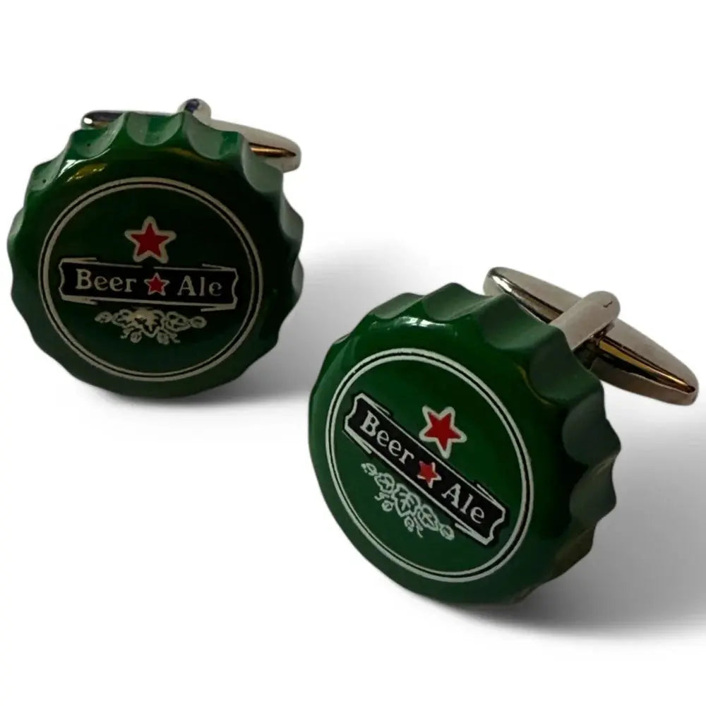 Green beer bottle cap cufflinks.