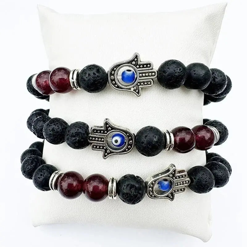Three beaded Hamsa bracelets.
