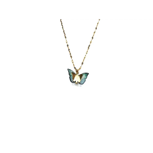 Gold chain necklace with butterfly pendant.