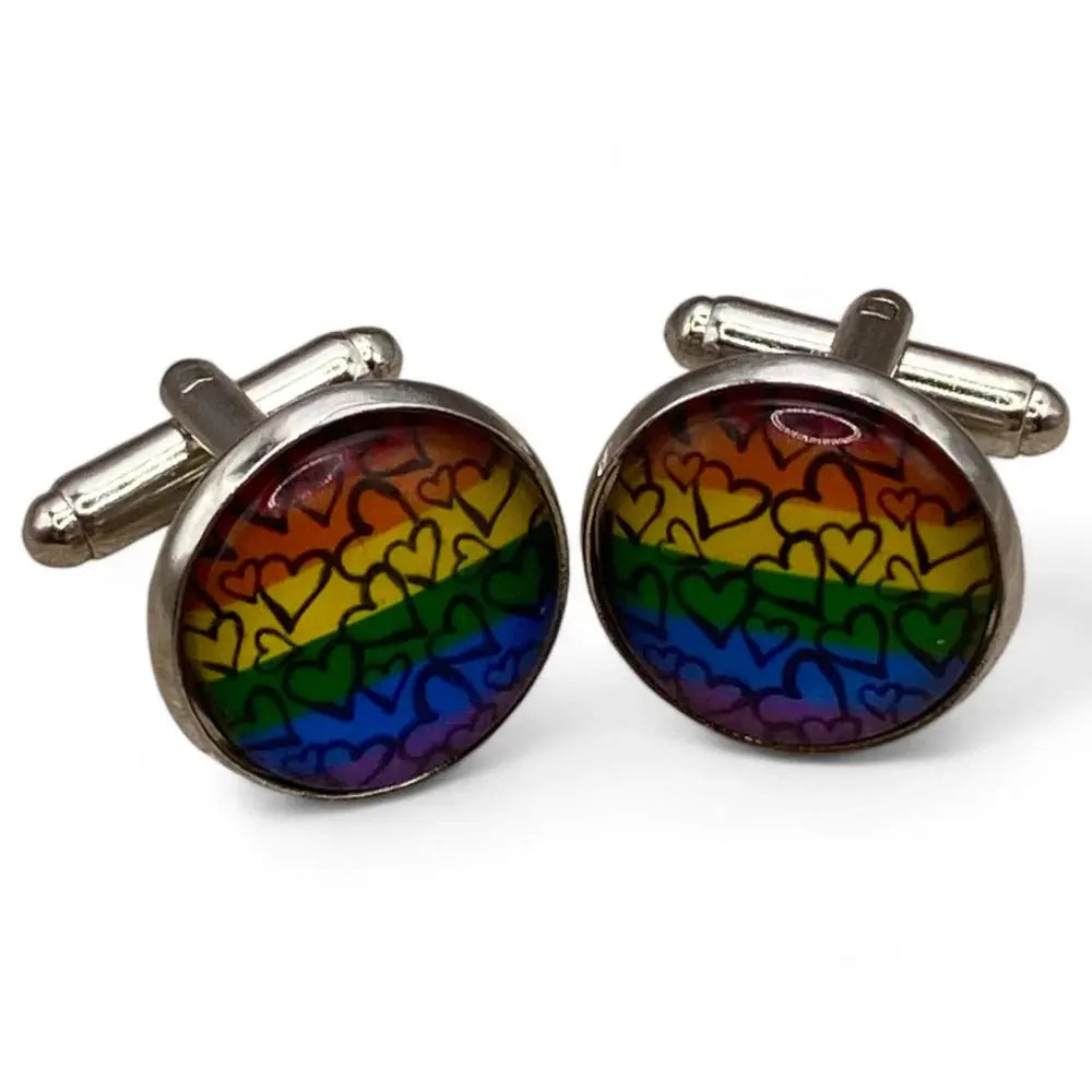 Rainbow heart cufflinks.