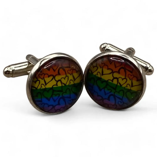 Rainbow heart cufflinks.
