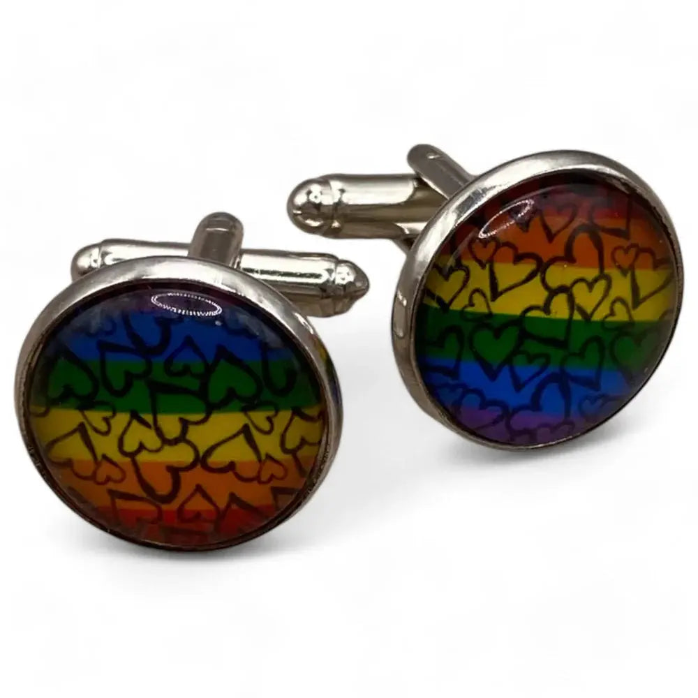 Rainbow heart cufflinks.