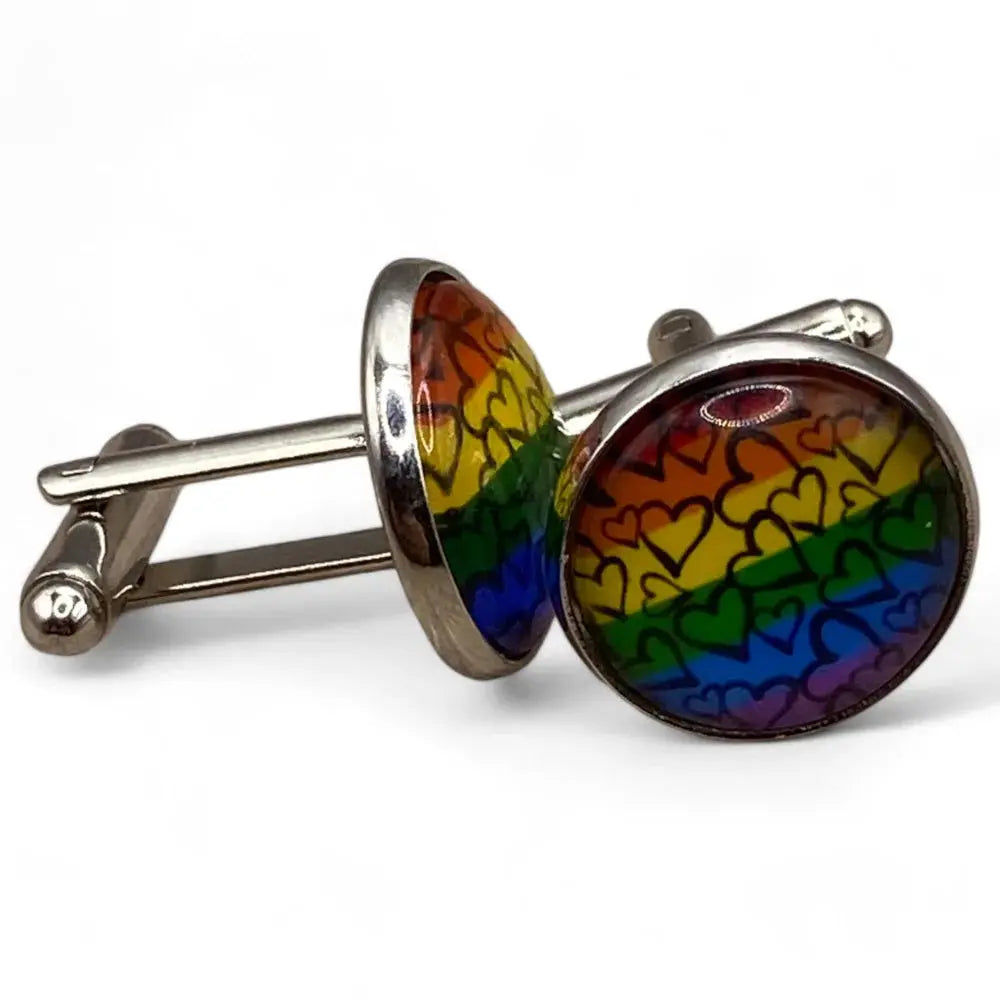 Rainbow heart cufflinks.