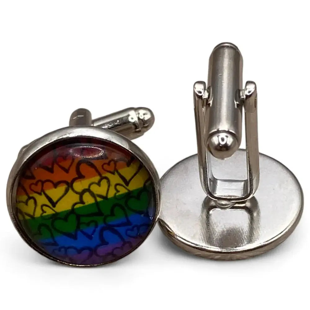Rainbow heart cufflinks.