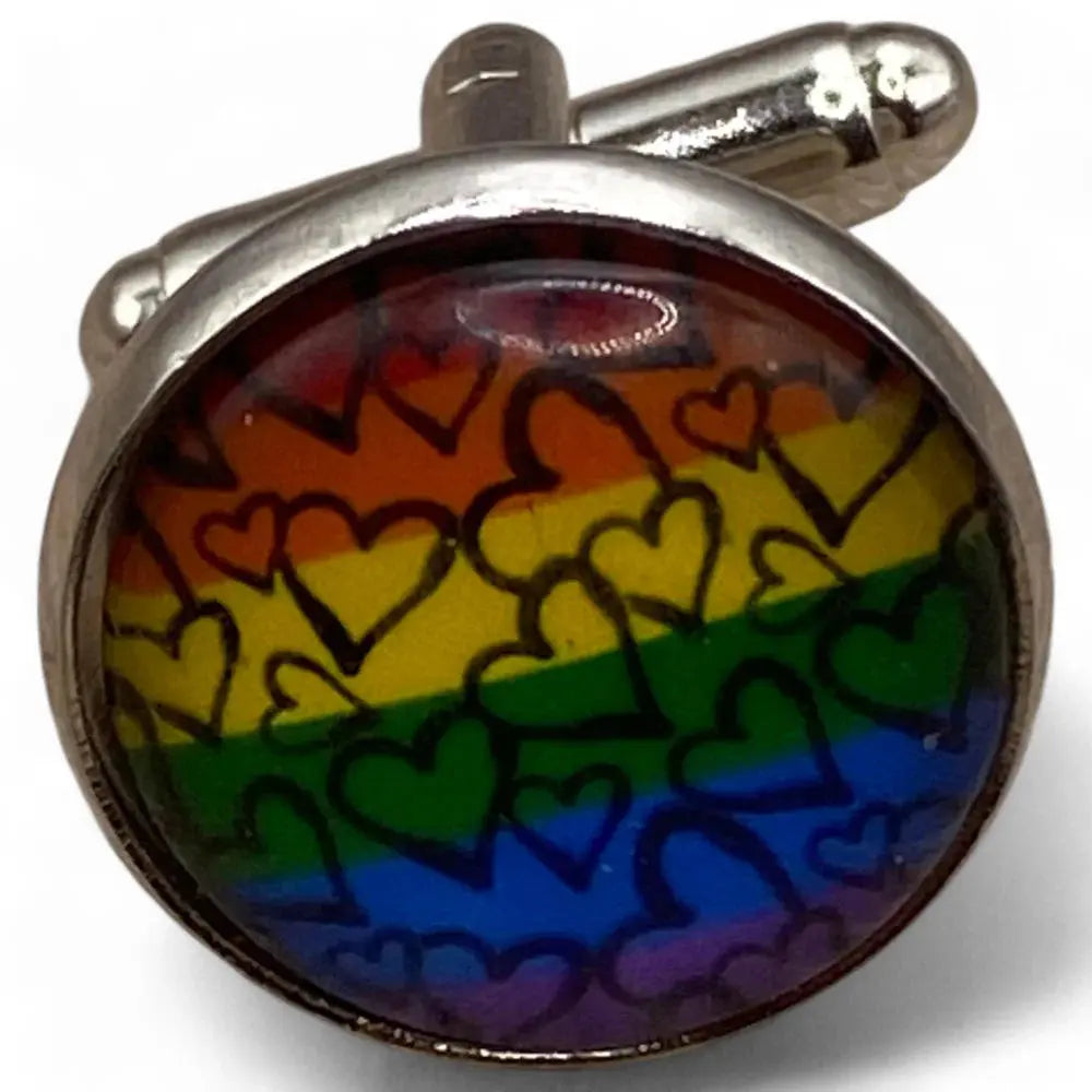 Rainbow heart cufflinks.