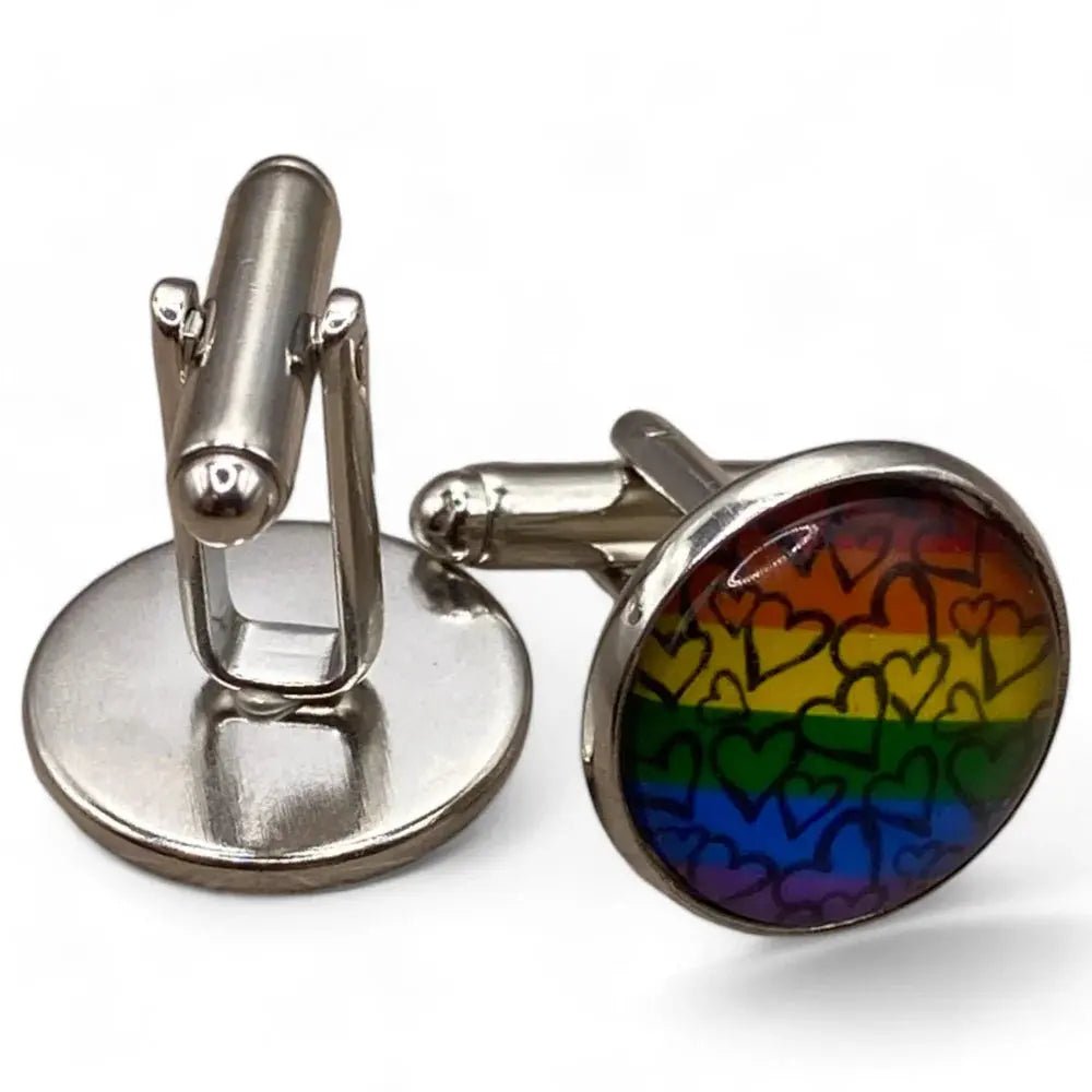 Rainbow heart cufflinks.