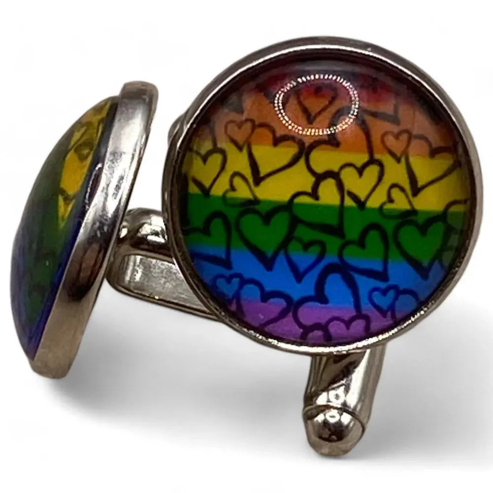 Pride-themed heart cufflinks.
