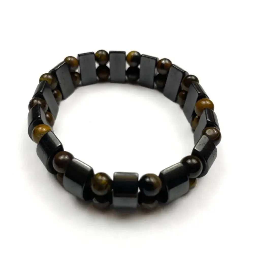 Bracelet with dark rectangular beads and round brown beads.