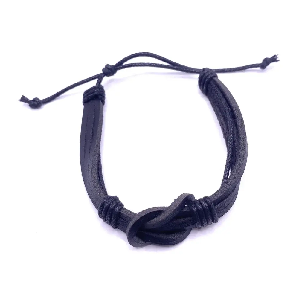 Black leather knotted bracelet.