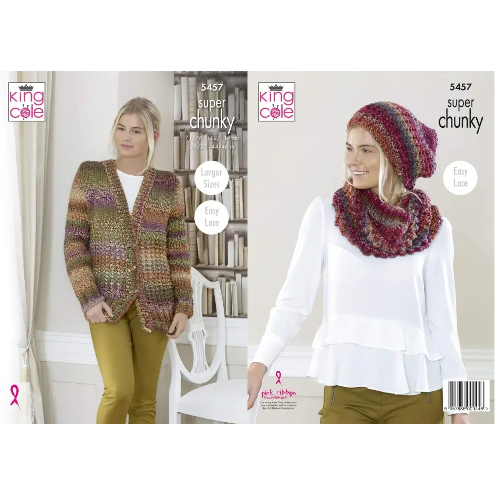 Knitted cardigan and hat/scarf set.
