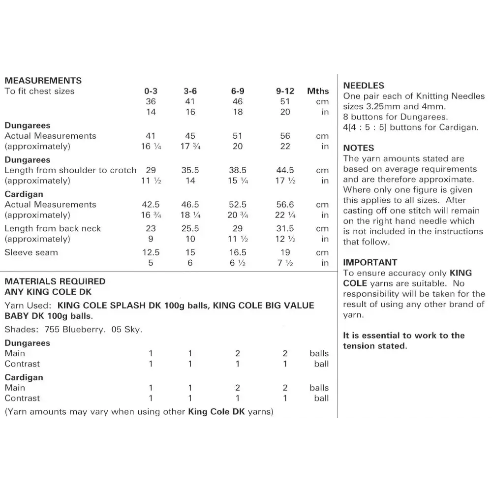 Knitting pattern measurements and materials.