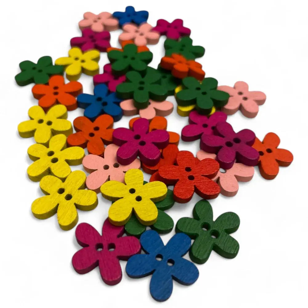 Colorful flower-shaped wooden buttons.