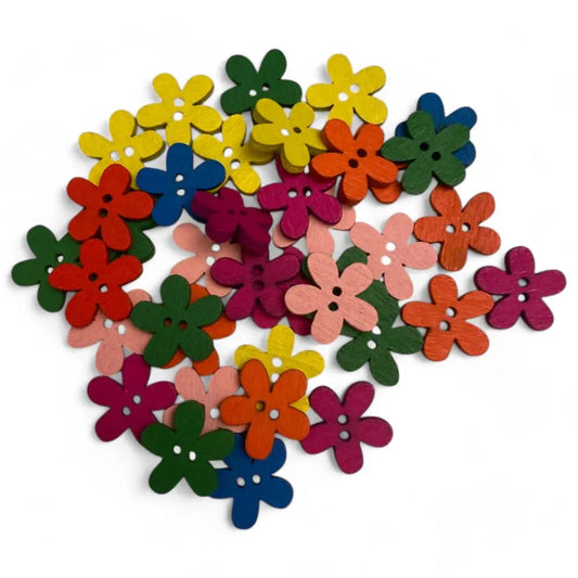 Colorful flower-shaped wooden buttons.